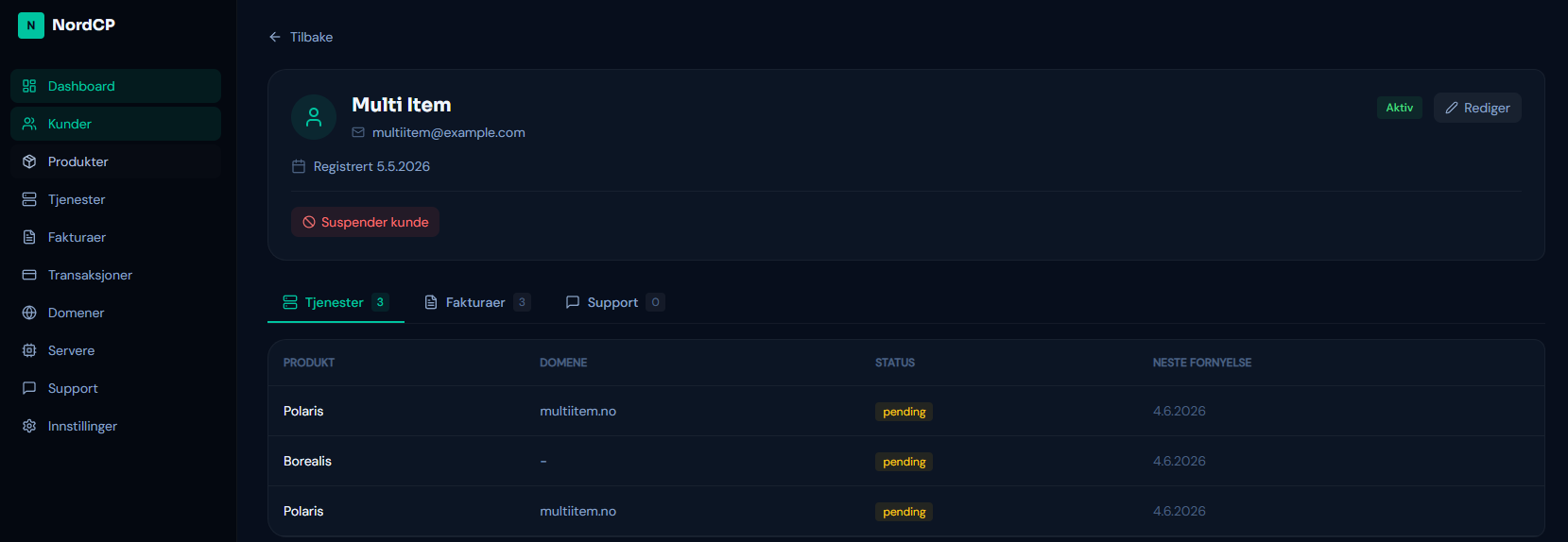 The view of 1 Client. How it looks for an Admin