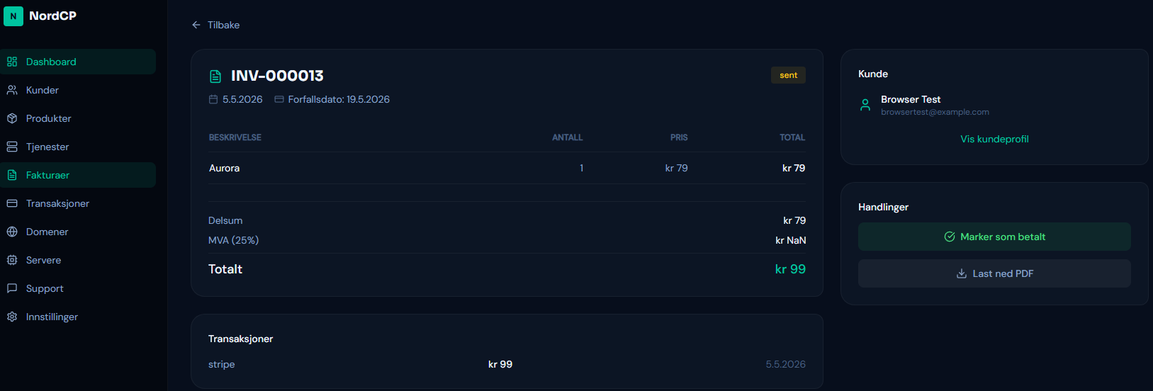 Invoice of the panel. How it looks for an Admin